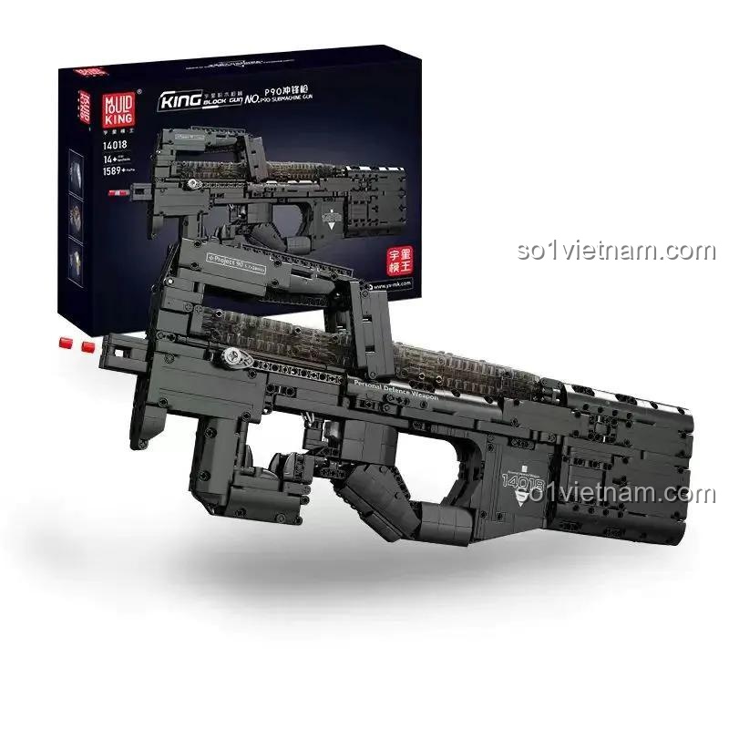 Mô hình súng tiểu liên P90 Mould King 14018 hoàn thiện, thể hiện chi tiết cơ chế hoạt động và khả năng bắn đạn nhựa