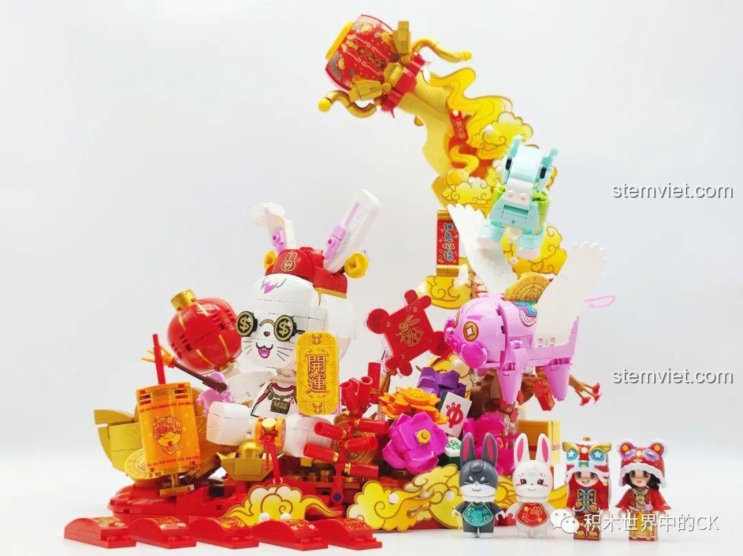 Cận cảnh chú thỏ tài lộc và các chi tiết xung quanh trong mô hình Keeppley K19905.