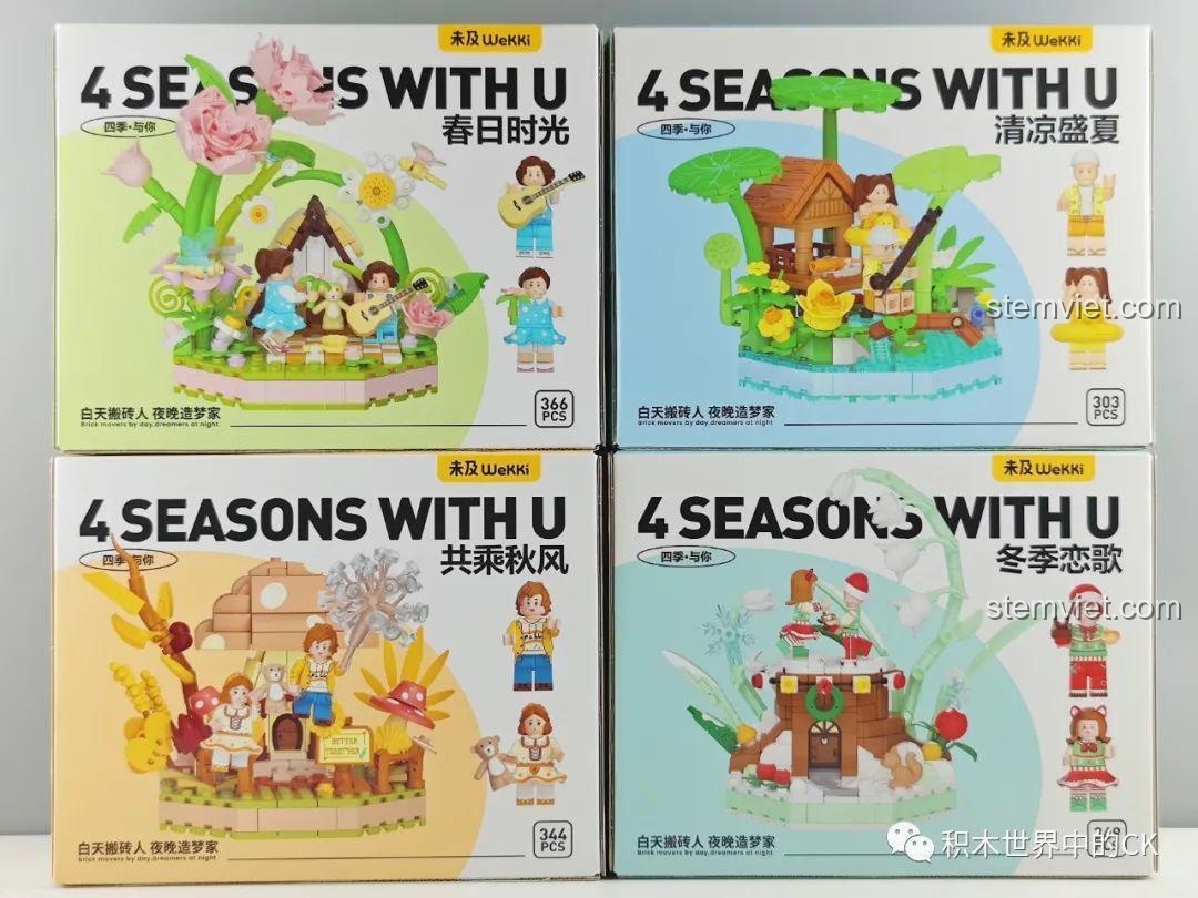 Mặt sau hộp của bộ đồ chơi mô hình trang trí Bốn Mùa Wekki, hiển thị chi tiết các mô hình đã lắp ráp.