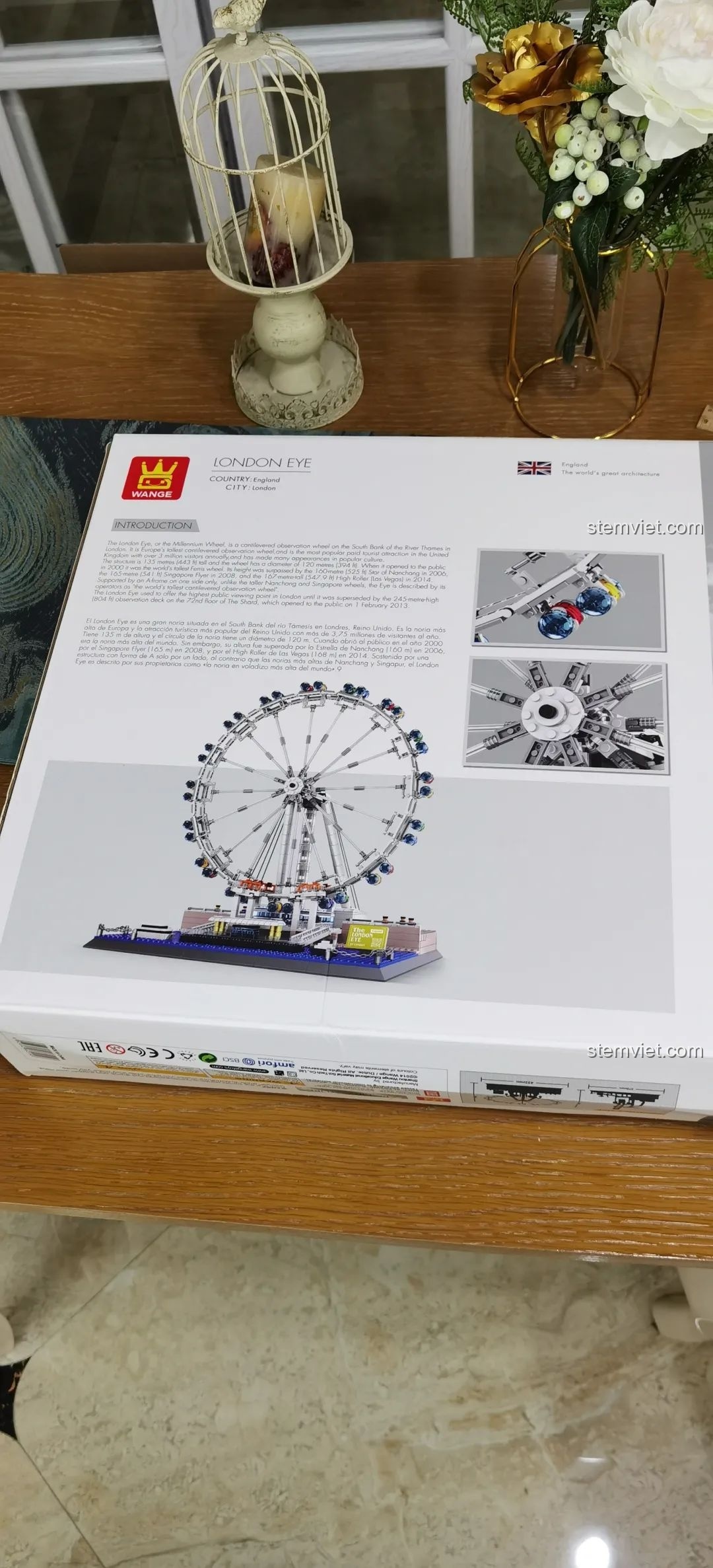 Mặt sau hộp mô hình vòng quay London Eye WANGE 6215, hiển thị các chi tiết và thông tin giới thiệu về công trình.