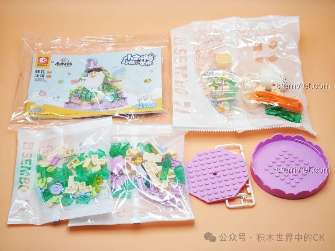 Các túi chi tiết và sách hướng dẫn của bộ lắp ráp SEMBO 612023 Tắm Hoa. Cảm nhận về chất lượng chi tiết lắp ráp.