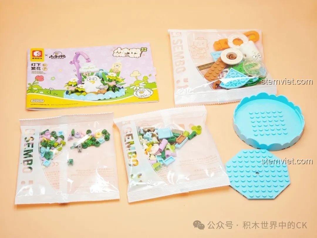 Các túi chi tiết và sách hướng dẫn của bộ lắp ráp SEMBO 612026 Đèn Hoa. Review bộ sưu tập SEMBO Tiểu Lưu Vịt.