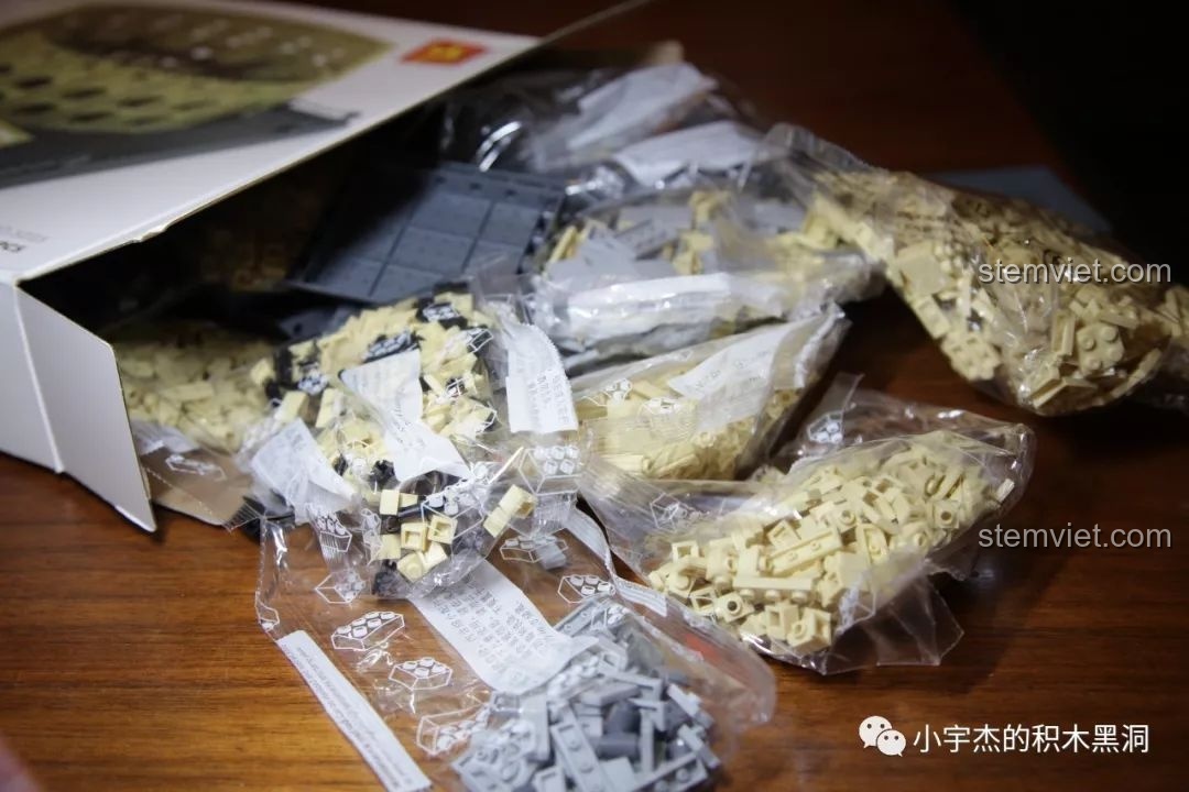 Bên trong hộp bộ lắp ghép WANGE 5225 Đấu trường Colosseum La Mã với các túi mảnh ghép chưa được phân loại.