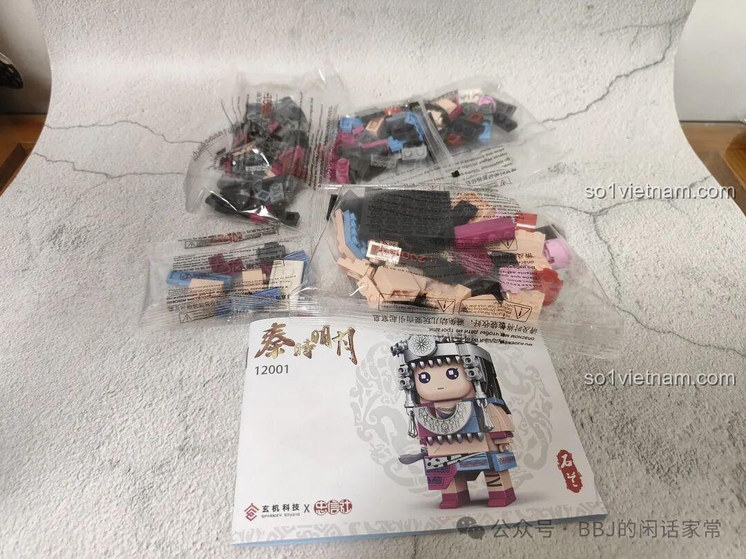 Bên trong hộp đồ chơi Zhongxin She 12001 Thạch Lan với các túi mảnh ghép và sách hướng dẫn lắp ráp.