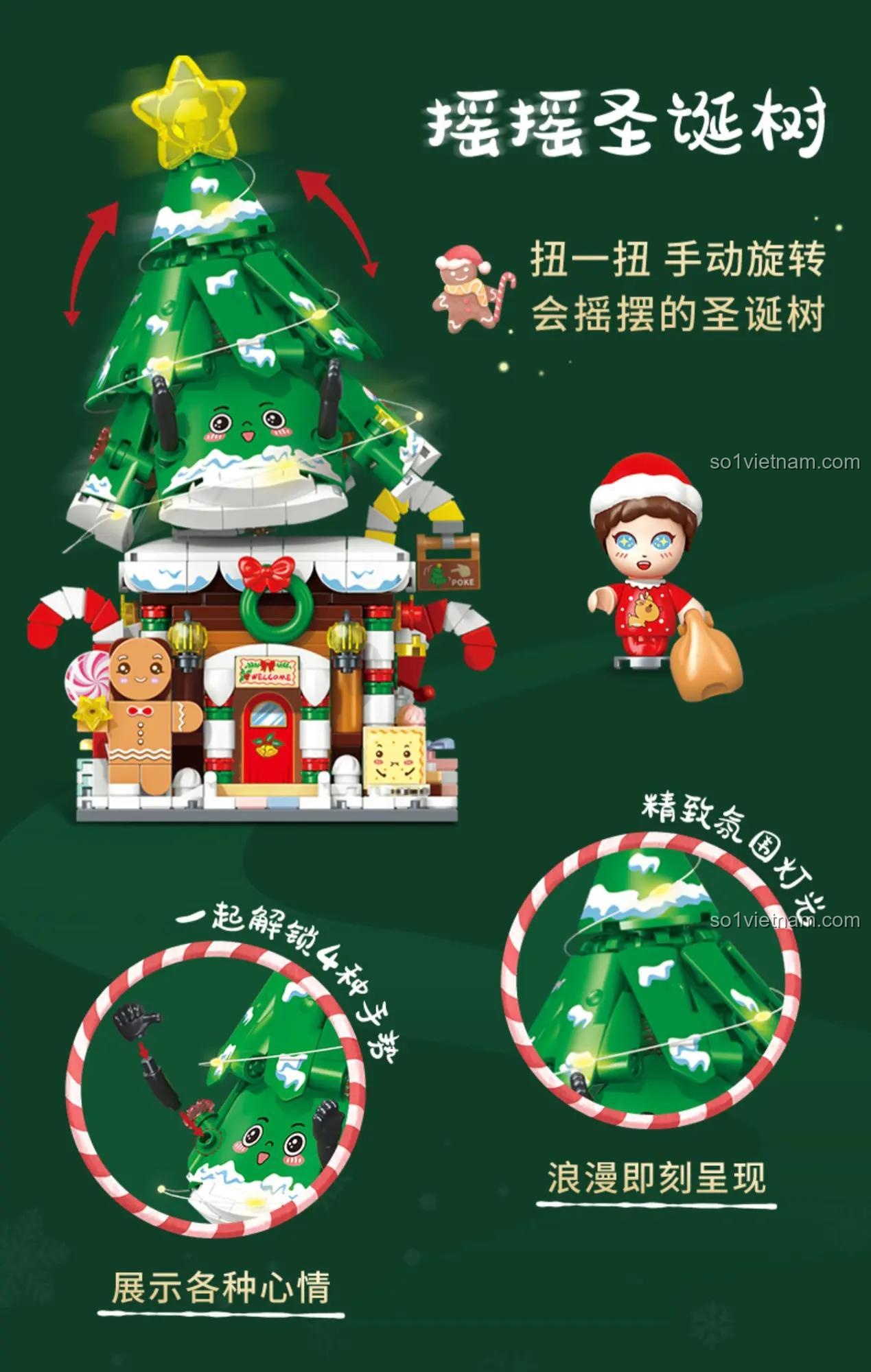 Tính năng của bộ đồ chơi Cảnh Quan Phố Giáng Sinh: Cây Thông Lung Linh 801006: cây thông xoay lắc lư, có đèn LED, có thể thay đổi biểu cảm