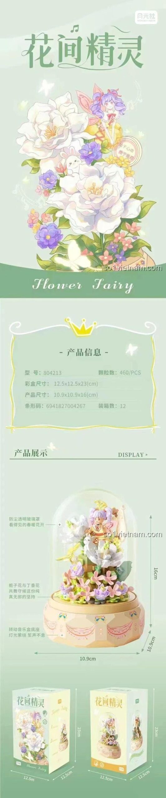 Kích thước chi tiết bộ lắp ghép Hộp nhạc Hoa Gian Tinh Linh Moonlight Studio 804213, đồ chơi mô hình nàng tiên hoa 460 mảnh, phù hợp bé gái 8 tuổi