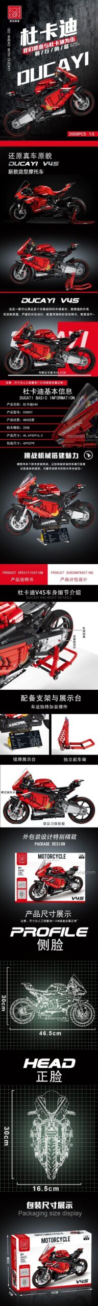 Ảnh thể hiện kích thước mô hình Ducati V4S MORK 028001, bộ lắp ráp xe mô tô tỉ lệ 1:5, đáng tiền.