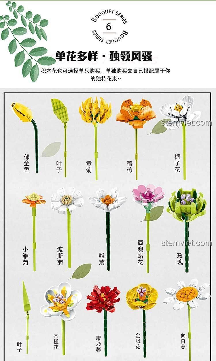 Các loại hoa có thể lắp ráp từ bộ lắp ghép Bó Hoa Xếp Hình MORK 034001, bao gồm hoa tulip, hoa cẩm tú cầu, hoa hồng, v.v.