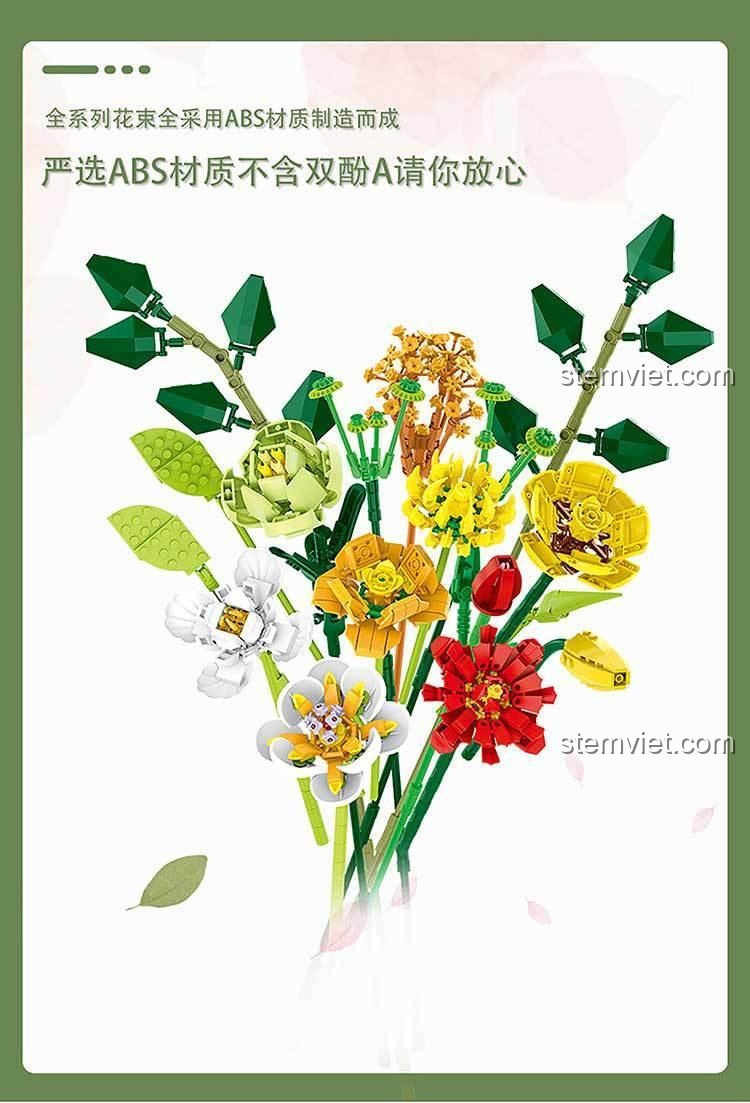 Chất liệu nhựa ABS an toàn của bộ lắp ghép Bó Hoa Xếp Hình MORK 034001, đảm bảo chất lượng và sự yên tâm cho người mua.