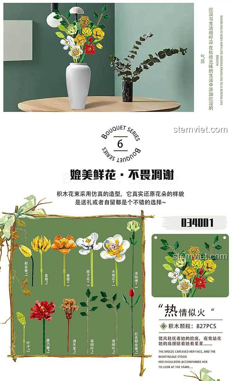 Thông tin chi tiết về Bó Hoa Xếp Hình MORK 034001, bao gồm số mảnh ghép và chủ đề "Nồng Nhiệt Như Lửa".