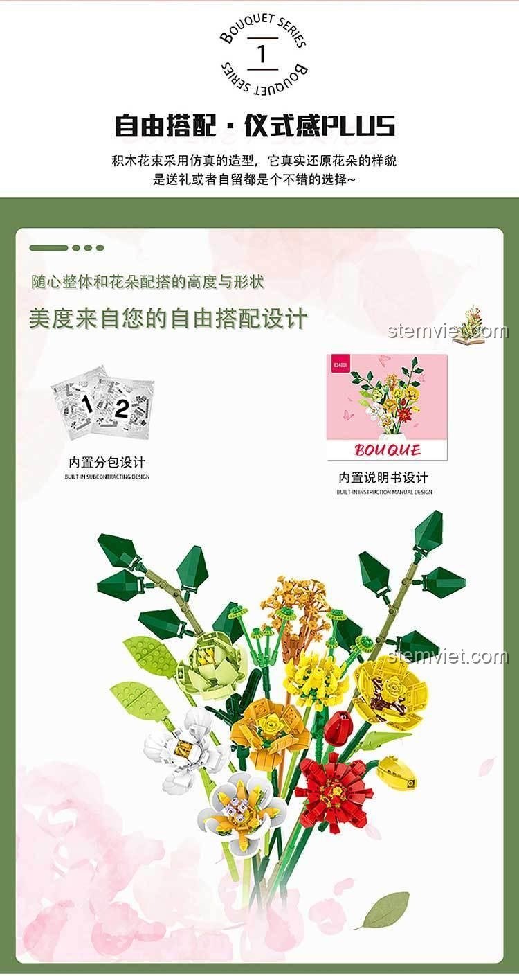 Tính năng tự do sắp xếp của bộ lắp ghép Bó Hoa Xếp Hình MORK 034001, giúp phát triển nghệ thuật sắp đặt và sáng tạo cho bé 6 tuổi.