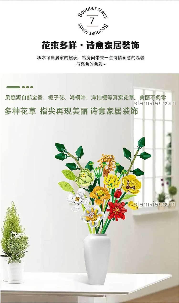 Bó Hoa Xếp Hình MORK 034001 trong bình, đồ chơi xây dựng Hoa Trang Trí lý tưởng để trang trí nhà cửa, mang lại không gian thơ mộng.