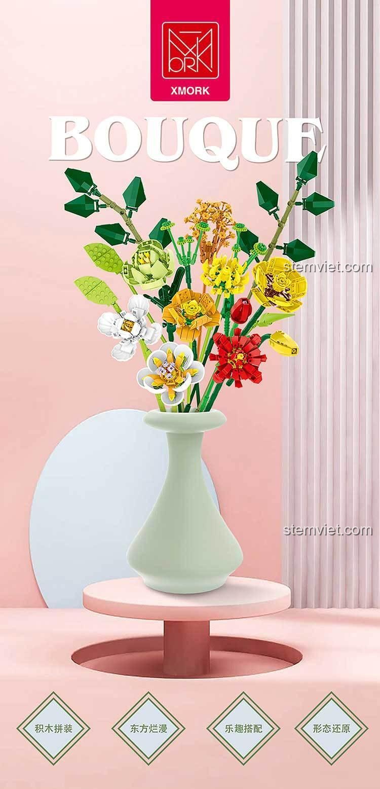 Bó Hoa Xếp Hình MORK 034001 được trưng bày trong bình, đồ chơi mô hình Hoa Lắp Ráp trang trí độc đáo, mang lại sắc màu tươi mới cho không gian.