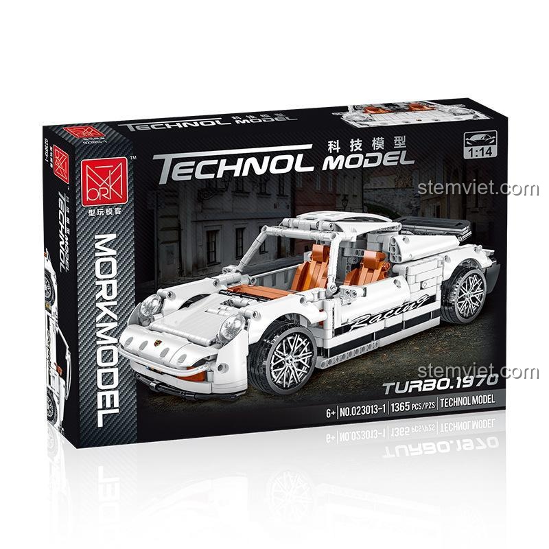 Hộp sản phẩm của bộ xếp hình MORKMODEL 023013-1, thể hiện hình ảnh xe Porsche 1970 và logo Technic Model.