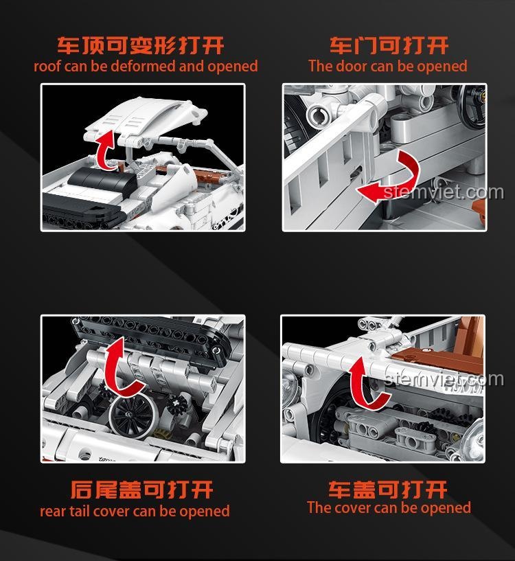 Các tính năng có thể mở được của bộ xếp hình 023013-1: mui xe, cửa, cốp sau và nắp capo.