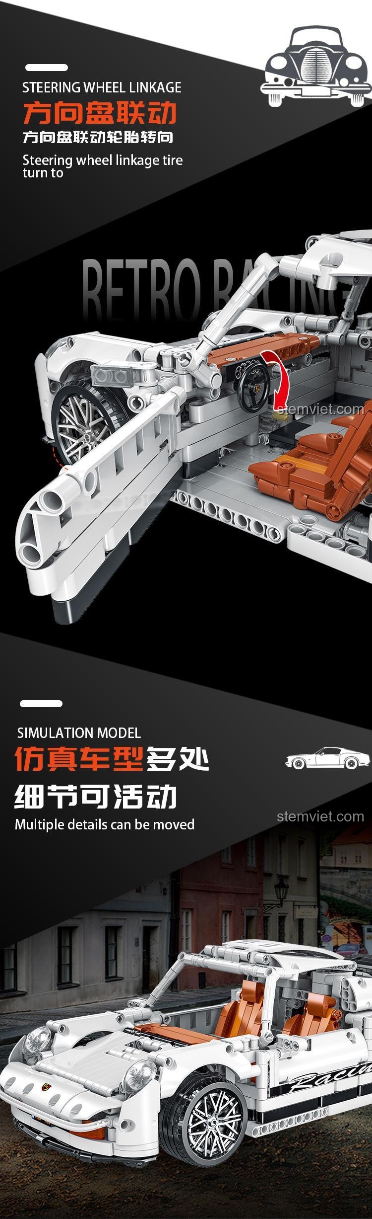 Chi tiết tính năng đánh lái của Mô hình Technic xe Porsche MORKMODEL, vô lăng liên kết với bánh xe.