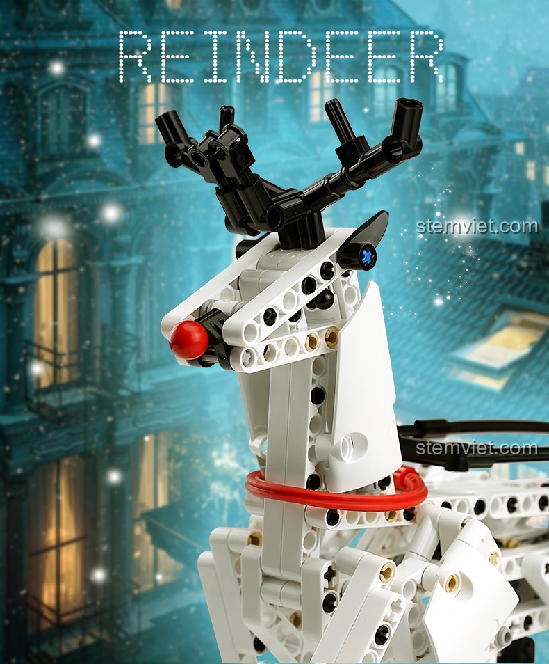 Cận cảnh chi tiết đầu tuần lộc của bộ lắp ghép Cỗ xe tuần lộc Giáng sinh Mould King, sử dụng các chi tiết Technic.