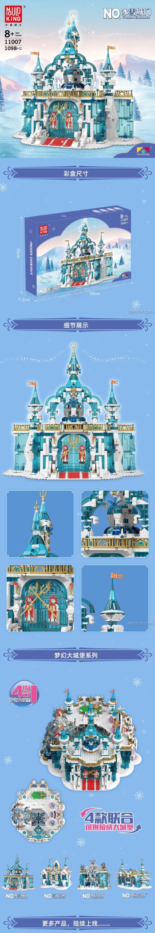 Poster chi tiết bộ xếp hình Mould King 11007 Cung điện băng tuyết. Hiển thị kích thước hộp và khả năng kết hợp thành lâu đài lớn, món quà tuyệt vời cho con gái.