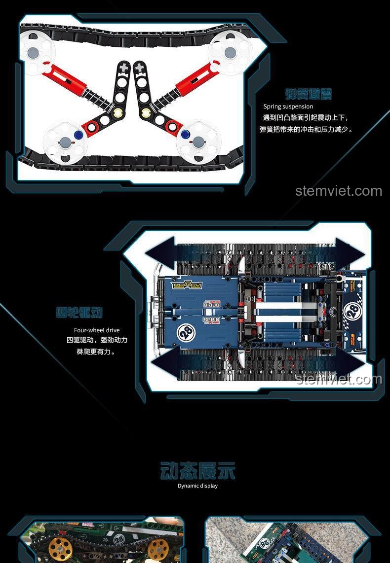 Tổng hợp các chức năng động của xe bánh xích địa hình Mould King 13025: giảm xóc, xoay 360 độ, mở thân xe và khởi động bật nhảy.