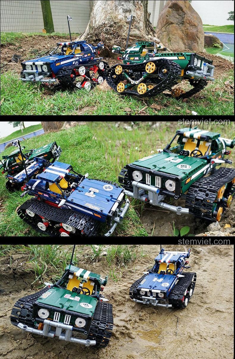 Ảnh chụp thực tế của bộ lắp ráp Xe địa hình bánh xích Climber và Transporter trong môi trường tự nhiên, cho thấy khả năng vượt địa hình.