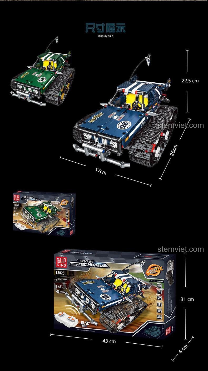 Ảnh review người dùng chụp cận cảnh hai mẫu xe địa hình bánh xích Mould King 13026 và 13025 trên bãi cỏ và đất.