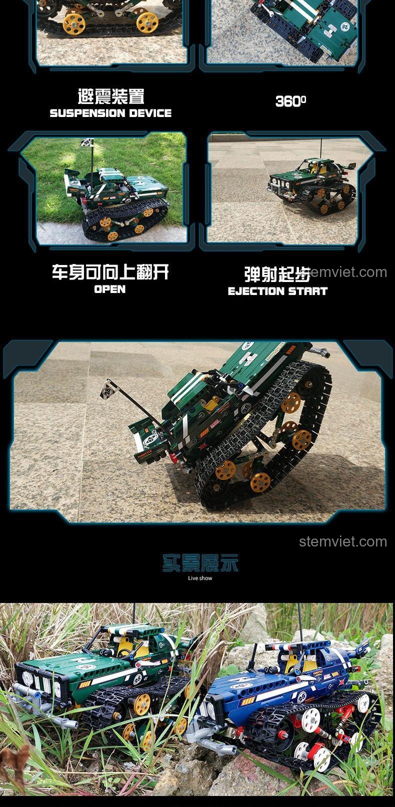 Trình diễn các chức năng động của đồ chơi lắp ghép Xe bánh xích tốc độ cao, như hệ thống treo, xoay 360 độ và nâng thân xe.