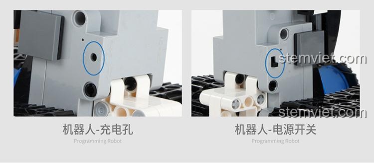 Chi tiết cổng sạc và công tắc nguồn trên thân Robot Aimubot 13063. Thiết kế tiện lợi của bộ lắp ráp Mould King.