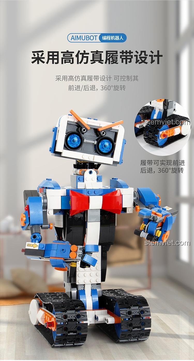 Hệ thống bánh xích của Robot Aimubot 13063, được thiết kế mô phỏng cao giúp di chuyển tiến, lùi và xoay 360 độ linh hoạt. Đồ chơi lắp ráp Mould King 13063.