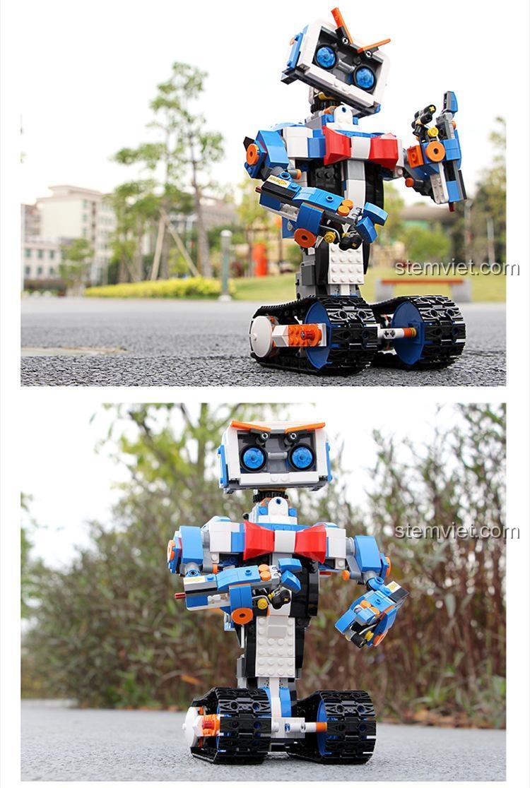 Hai góc nhìn thực tế của Robot Aimubot 13063 trong môi trường ngoài trời, thể hiện chi tiết và màu sắc sống động. Đồ chơi mô hình 13063.