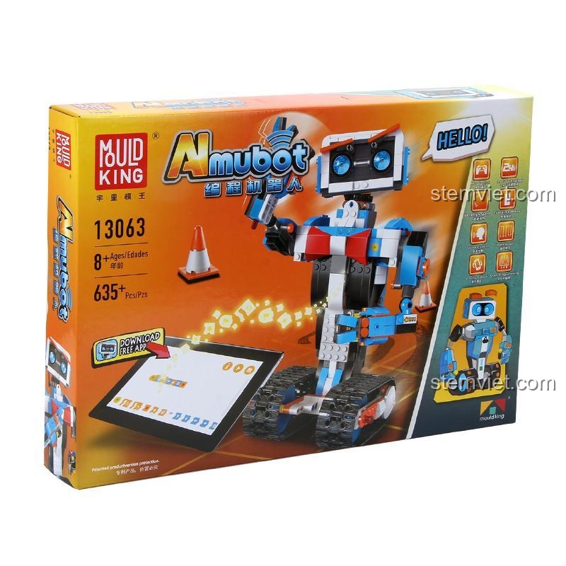 Ảnh hộp sản phẩm Robot Aimubot 13063 từ góc nghiêng, hiển thị rõ ràng thương hiệu Mould King và mã sản phẩm. Bộ lắp ráp lập trình giá tốt.