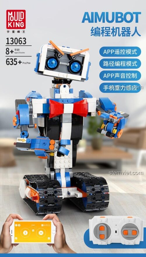 Hộp sản phẩm bộ lắp ráp Robot Lập Trình Aimubot Mould King 13063, hiển thị các tính năng nổi bật như điều khiển qua app, lập trình đường đi, điều khiển giọng nói. Món quà giá tốt cho bé.