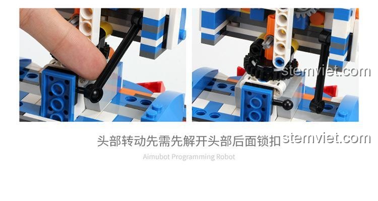 Hướng dẫn cách xoay đầu của Robot Aimubot 13063 bằng cách mở khóa chốt phía sau. Chi tiết thiết kế thông minh của bộ lắp ráp Mould King.