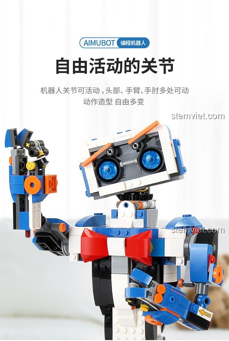 Cận cảnh các khớp nối linh hoạt của Robot Lập Trình Aimubot 13063, cho phép cử động đầu, tay, khuỷu tay một cách tự do. Đồ chơi mô hình Mould King chi tiết.