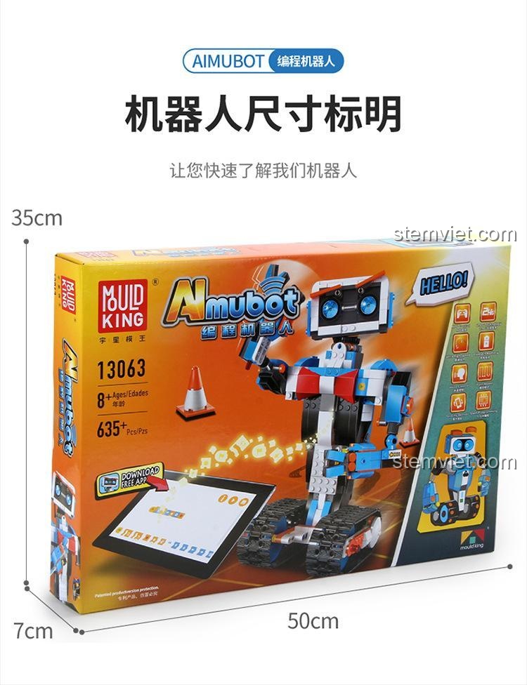 Ảnh hộp sản phẩm Robot Aimubot 13063 với thước đo, thể hiện kích thước hộp là 50cm x 35cm x 7cm. Thông tin hữu ích cho việc vận chuyển và cất giữ.