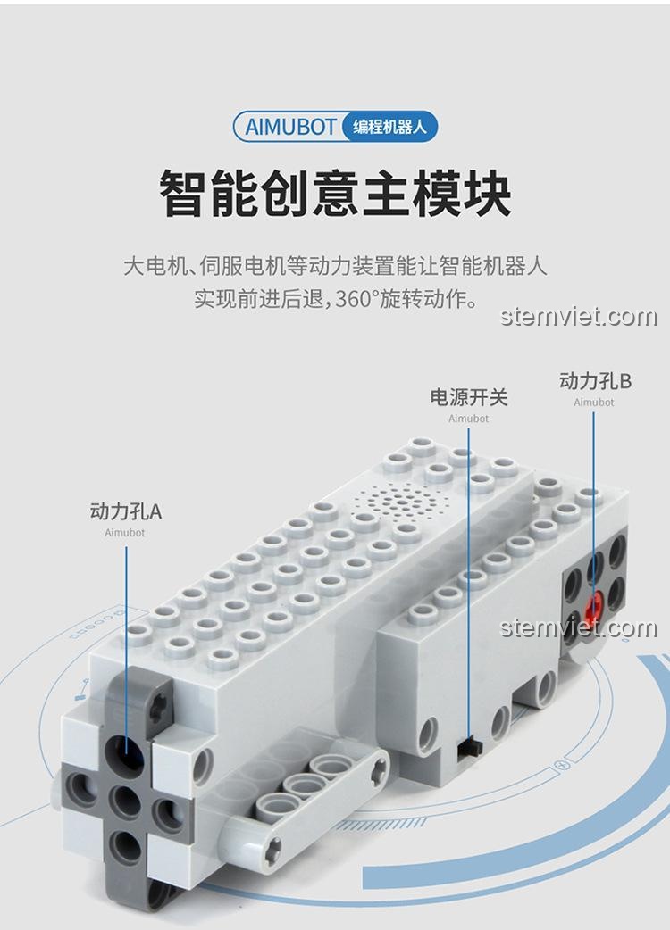 Mô-đun điều khiển thông minh của Robot Aimubot 13063, tích hợp động cơ và cổng kết nối, cho phép robot di chuyển và xoay 360 độ. Công nghệ từ Mould King.