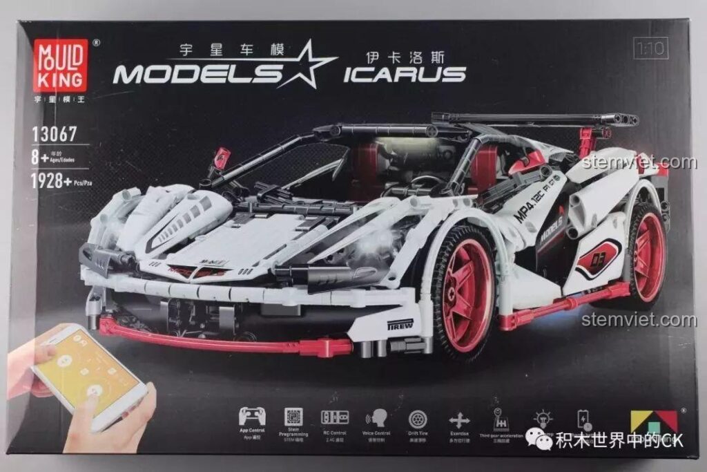Hộp sản phẩm bộ lắp ráp Mould King 13067 Siêu xe Icarus với hình ảnh xe và tính năng điều khiển từ xa.