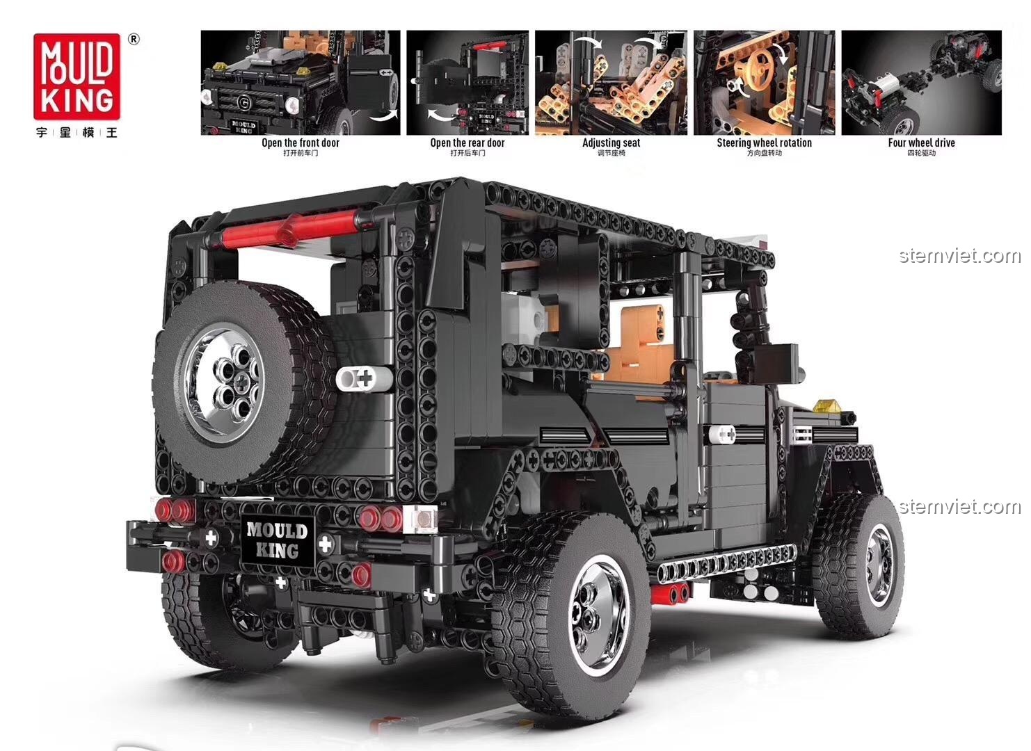 Chi tiết các tính năng của đồ chơi mô hình Mould King 13070 với hệ dẫn động 4 bánh, cửa mở được, vô lăng xoay.