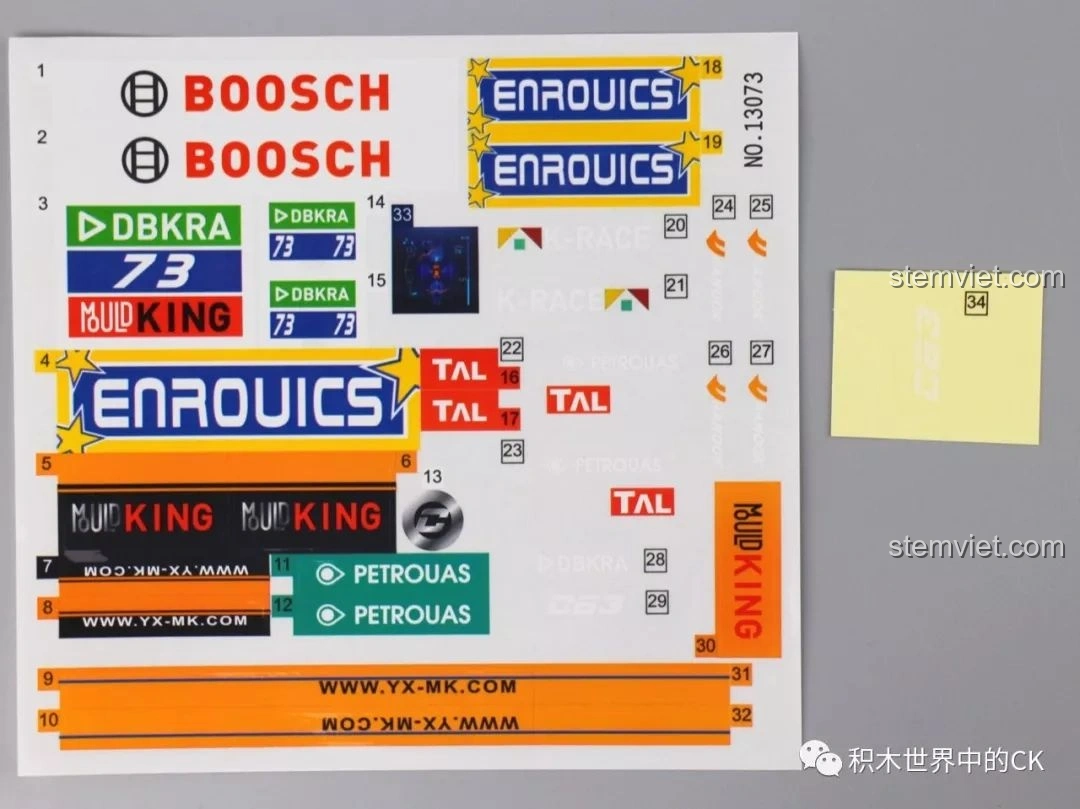 Bộ nhãn dán chi tiết cho mô hình Mould King 13073 Mercedes-Benz AMG C63 DTM, tăng tính chân thực và thẩm mỹ cho xe đua.