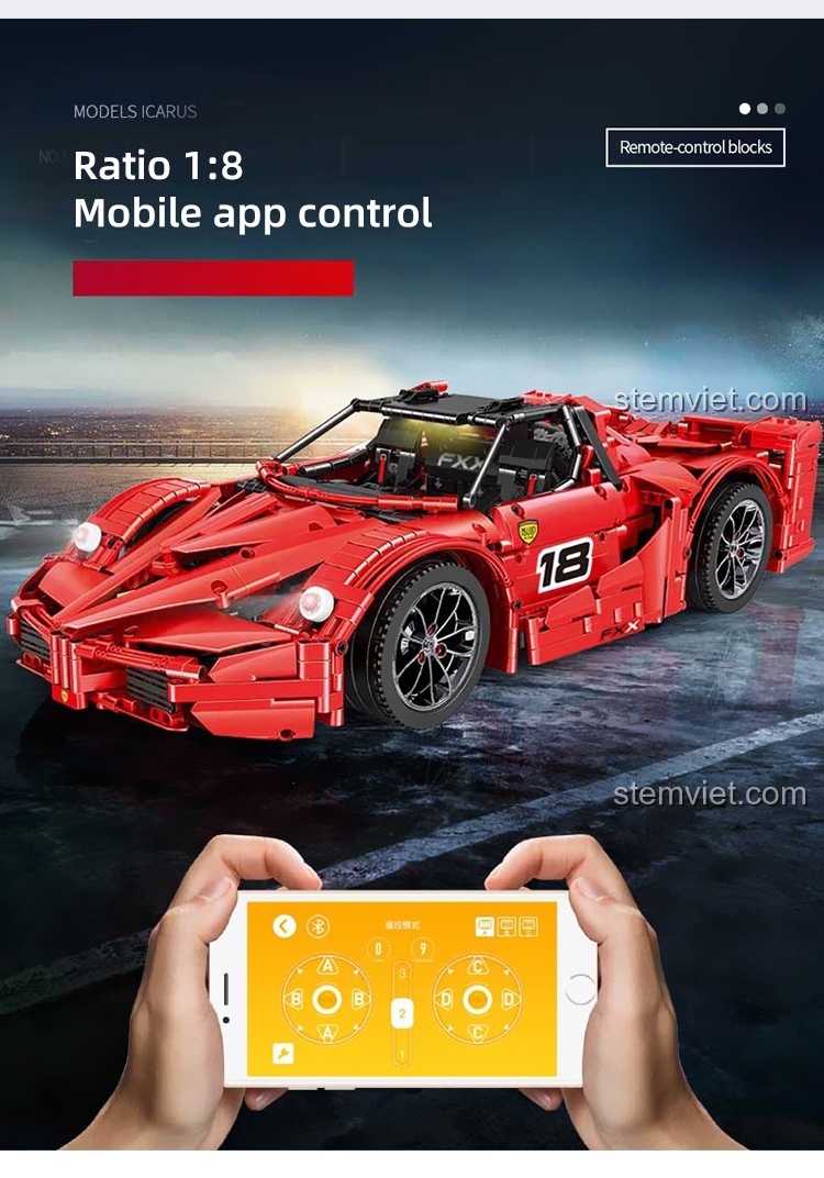 Poster quảng cáo bộ đồ chơi mô hình Mould King 13085 Siêu xe Ferrari FXX với điều khiển từ xa và điện thoại.