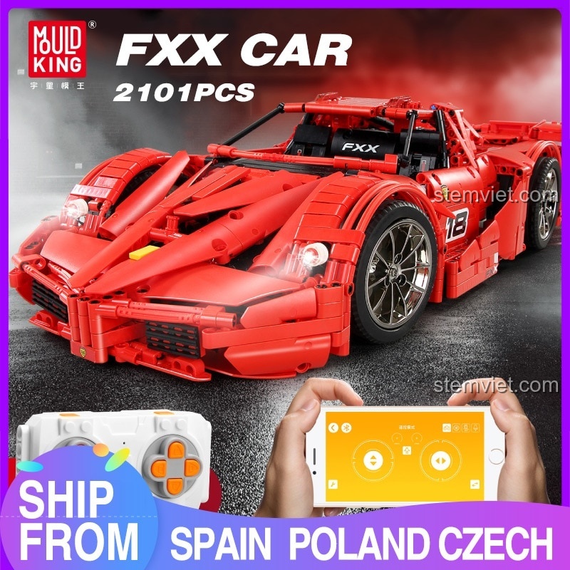 Mặt sau của bộ xếp hình Ferrari FXX V12 13085 với đèn hậu LED và khả năng điều khiển qua app.