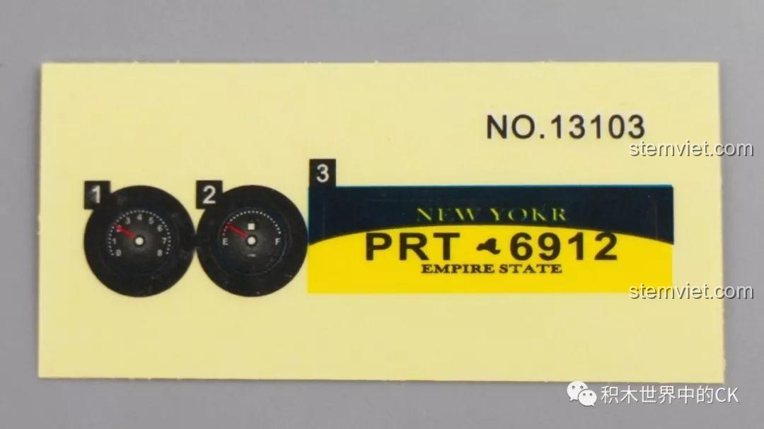 Tấm decal sticker cho bộ đồ chơi mô hình 13103, bao gồm đồng hồ táp lô và biển số xe.