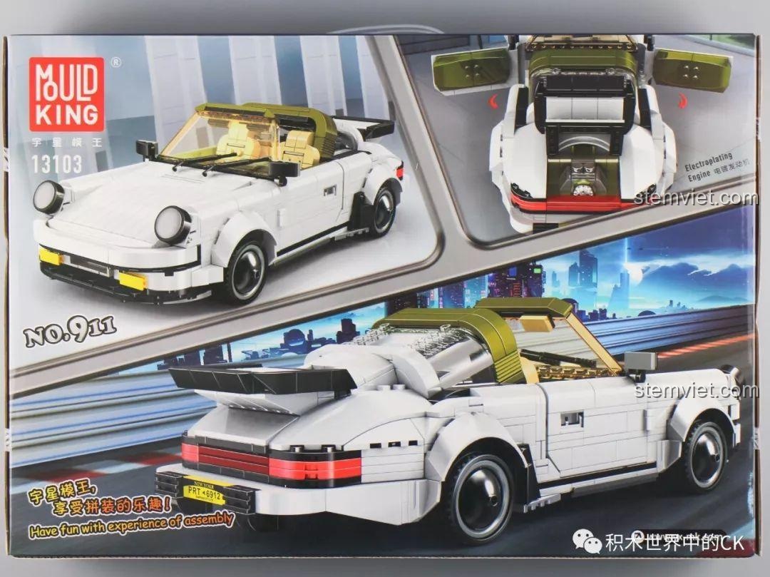 Mặt sau hộp đồ chơi mô hình Siêu xe Porsche 911 Targa 13103, thể hiện các chi tiết cửa và khoang động cơ có thể mở được.