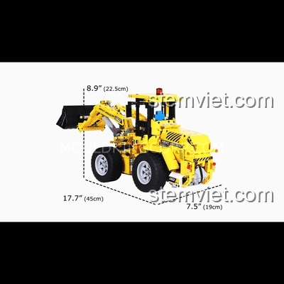 Mặt sau hộp đồ chơi xếp hình Mould King 13122 Xe xúc lật, hiển thị các chức năng.