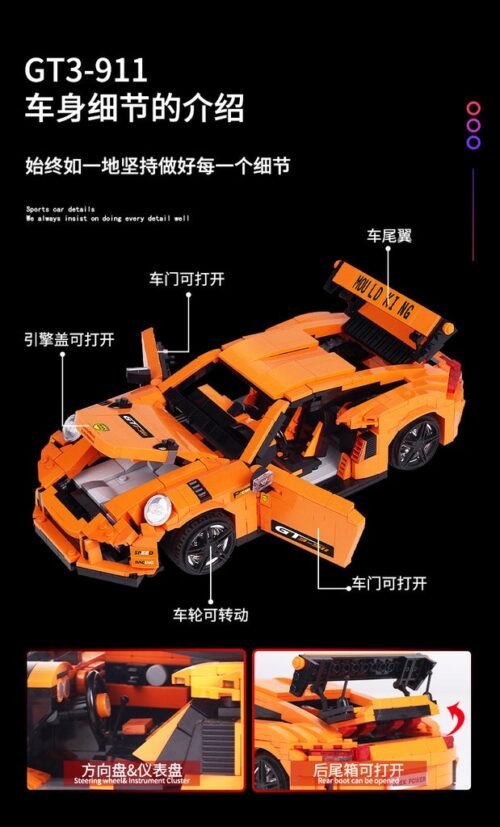Hình ảnh thực tế đồ chơi mô hình Mould King 13129 Porsche GT3 RS màu cam trên cỏ và phiên bản màu xám.