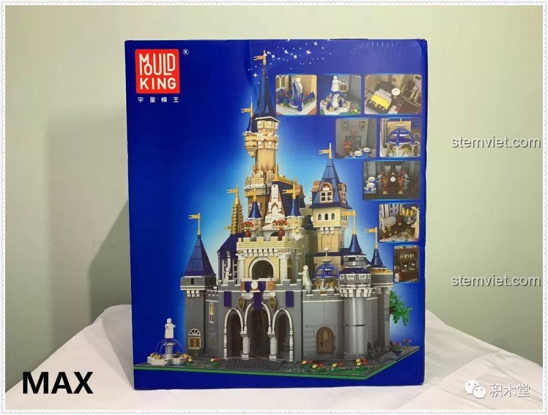 Mặt bên của hộp đồ chơi Lâu đài Disney 13132, trưng bày các phòng và chi tiết nội thất bên trong.