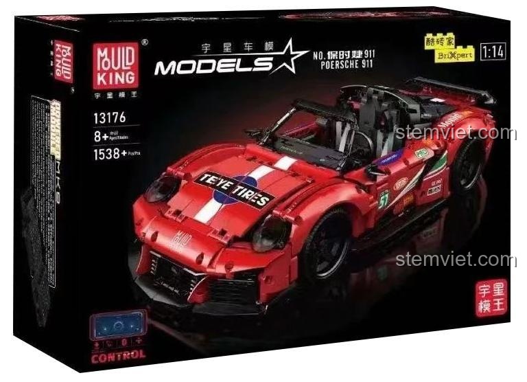 Hộp sản phẩm bộ lắp ráp Mould King 13176 Siêu xe Porsche 911, thể hiện rõ số chi tiết 1538 và tính năng điều khiển từ xa.