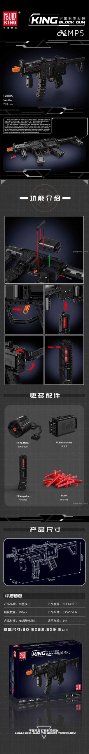 Mô hình súng MP5 Mould King 14001S, đồ chơi mô hình súng điện động liên thanh, tính năng bắn đạn nhựa, kích thước 53x4x22cm, 783 mảnh ghép