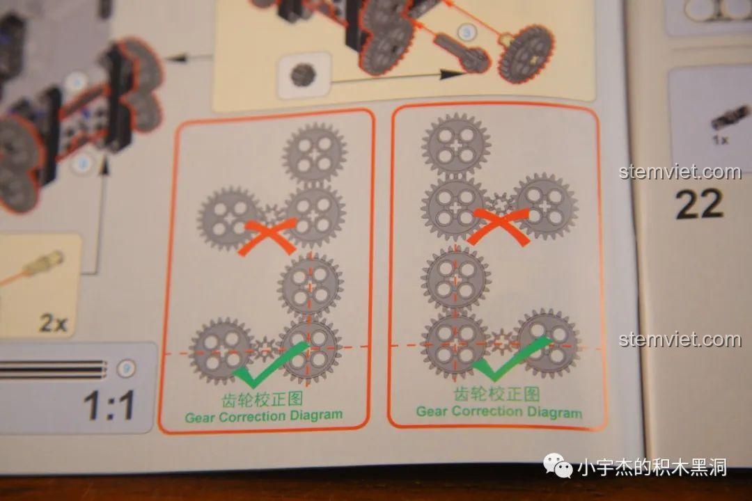 Sơ đồ hướng dẫn lắp đặt bánh răng chính xác cho bộ đồ chơi Mould King 15038 Robot Crimson, rất quan trọng.