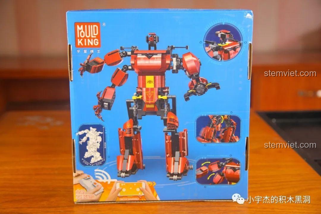 Tổng quan các tính năng điều khiển và khả năng tạo dáng của Robot Crimson Mould King 15038 trên hộp sản phẩm.
