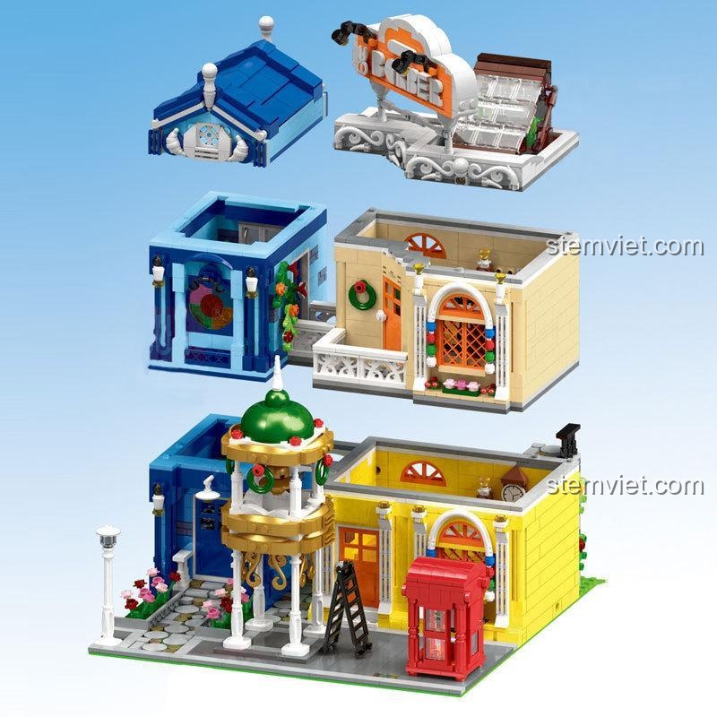 Các chi tiết nội thất và ngoại thất của bộ đồ chơi Mould King 16031 Tiệm Cắt Tóc Phố Nhỏ, thể hiện sự tỉ mỉ và sáng tạo trong thiết kế.